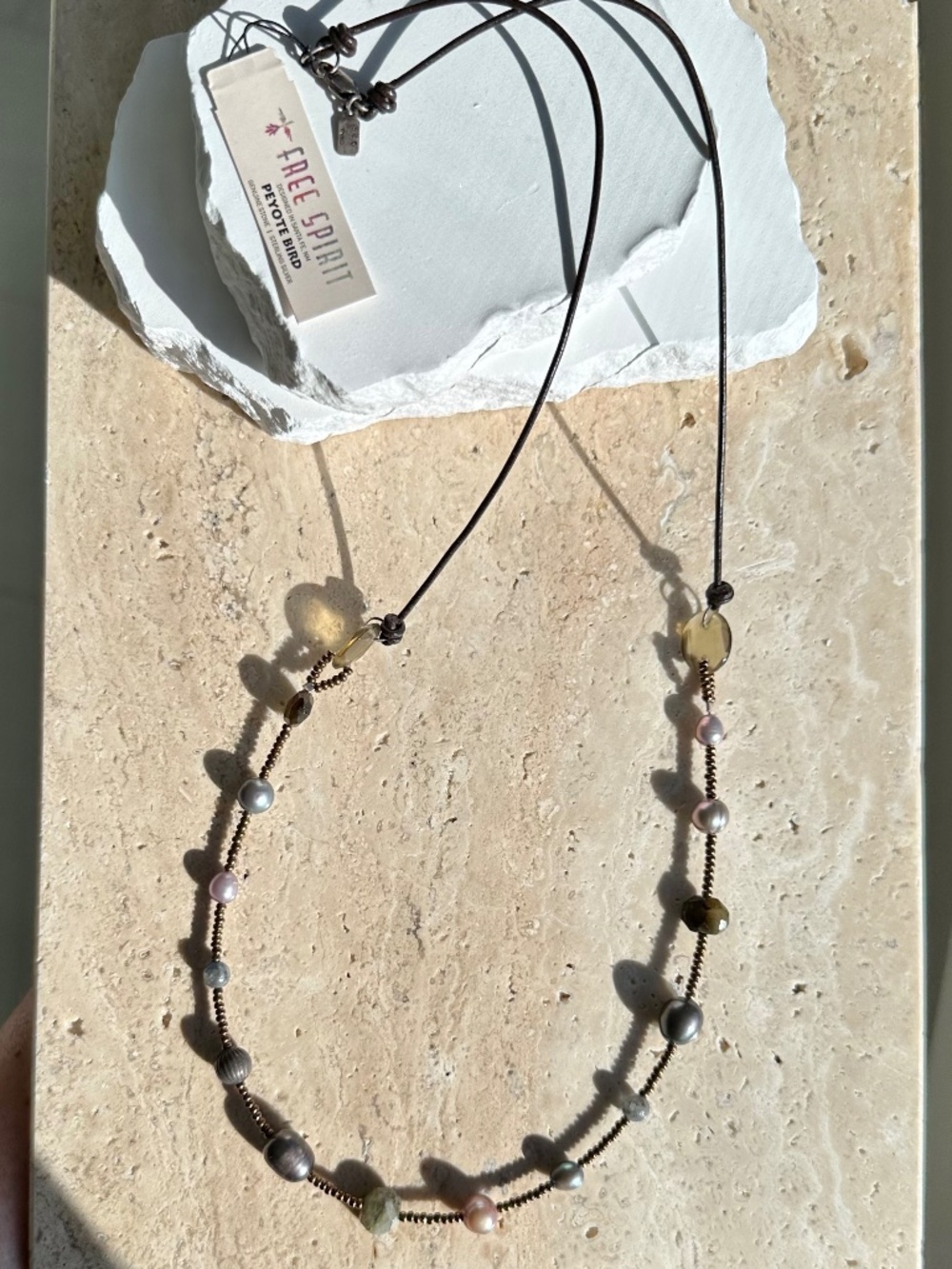 NWT Peyote Bird Free Spirit 26" Pearl Labradorite Gemstone Leather Necklace .925